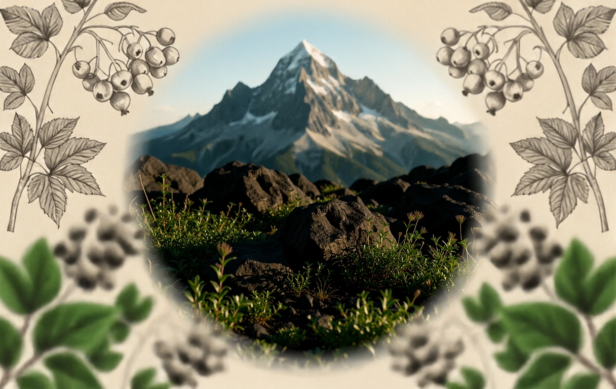Alpiner Berggipfel mit botanischen Elementen
